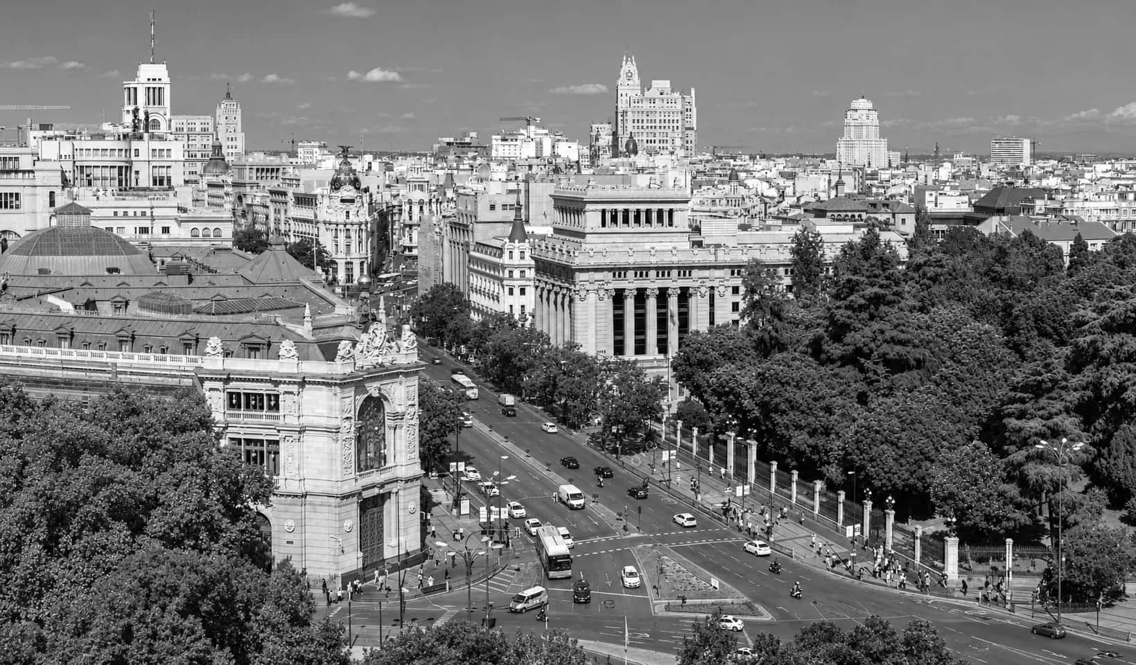 Madrid desde el Palacio de Cibeles: la calle de Alcalá subiendo junto al Banco de España, con la ciudad al fondo. Blanco y negro.
